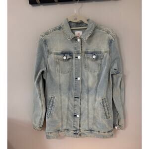 EUC LuLaRoe fadeddenim Jaxon jacket with whimsical embroidered unicorn patch MED